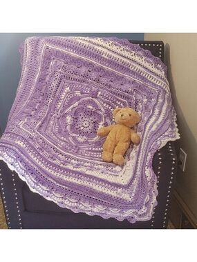 Handmade Hooked on Sunshine "For..." Purple/White Acrylic Baby Blanket -41"